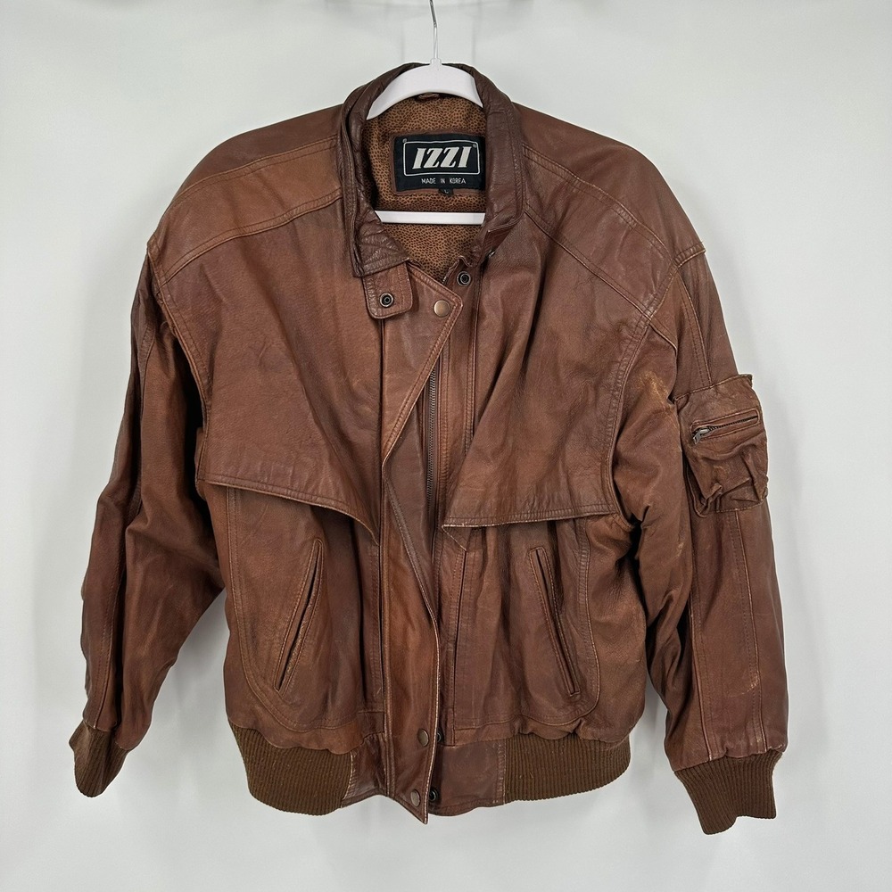 IZZI Men Vintage Aviator Leather Bomber Jacket Sz L Distressed Flight Coat Brown